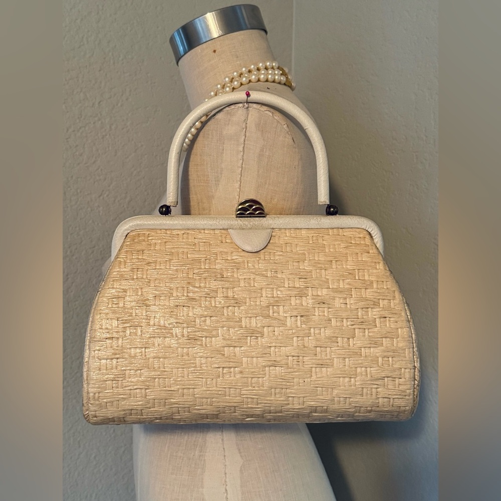 Vintage 50s/60s Verdi USA Made Straw Bag with Plastic Cover 12”x7”x5”